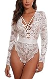 Women Sexy Floral Lace Long Sleeves Bodysuit Backless Teddy Lingerie(White, L)