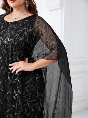 Image of Plus Size Sparkly Formal Evening Gown Sequin Cape Overlay Mother of Bride Dress Wedding Guest Cocktail Party