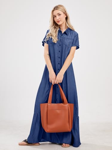 utcoco Womens Short Sleeve Denim Maxi Dress Casual Loose Fit Button Down Long Jean Dresses2