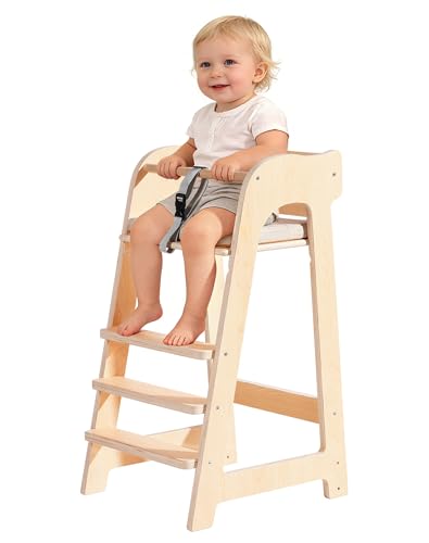 ROBUD Wooden High Chair for Toddlers, Highchair for Adjustable Seat Height & Footrest Levels, High Chairs for Babies and Toddlers with Removable...