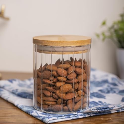 Image of MARTVIA Glass Food Storage Jars With Bamboo Lids 650Ml Set of 4,Wide Mouth Lid Jar For Home Kitchen,Flour,Sugar,Coffee,Pasta,Oats,Grains,Cookies,Snacks (Lining),Transparent