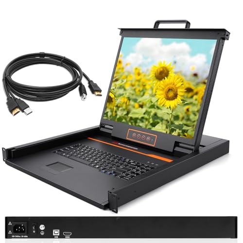 1U Rack Mount KVM Console-19'' Rackmount Monitor Keyboard and Single Port HDMI KVM, 50,000 MTBF,1280X1024 60Hz,17.6×19.9×1.67 Inches(WXDXH),Fit 1U 19'' Rack, 1 USB HDMI Cable,1 Power Cord, 4 Brackets