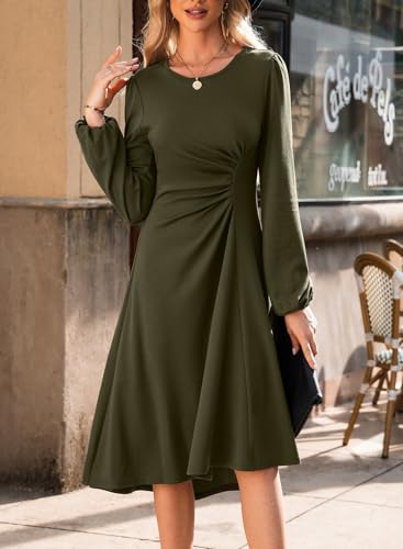 Image of Happy Sailed Women's Long Sleeve Ruched Waist Flowy A Line High Low Midi Cocktail Party Dress