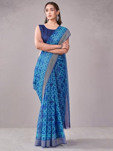 Image of Satrani Women's Chanderi Printed & Embroidery Saree with Unstitched Blouse Piece