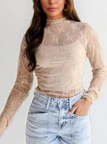 Lace Tops for Women See Through Lace Undershirt Mesh Long Sleeve Blouse Mock Neck Sheer Tops4