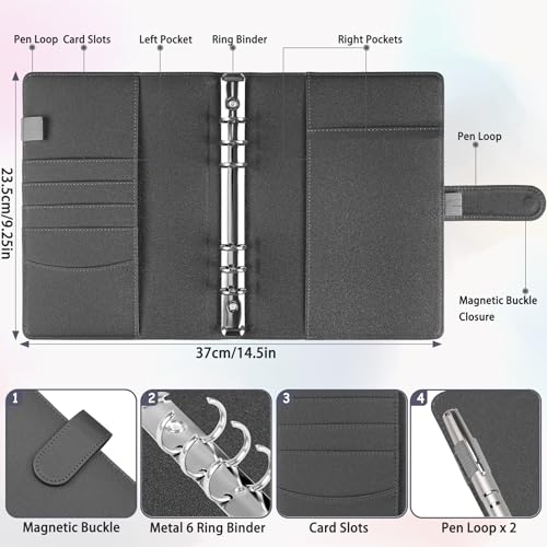 Image of Antner A5 Notebook Binder with 6 Ring Photocard Cover, PU Leather Refillable Budget Binder Loose Leaf Personal Organizer with Magnetic Buckle, Glitter Black