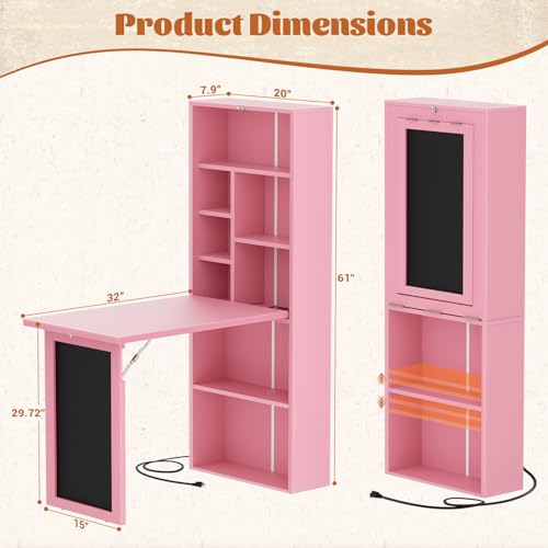 Image of Armocity Small Folding Desk with Outlets, Convertible Writing Desk for Small Spaces /Home Office /Craft Room, Multi-Function Desk Workstation with Blackboard, Fold-Out Cabinet Table, Pink