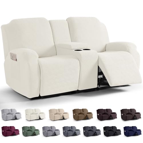 Image of KinCam Loveseat Recliner Covers with Middle Console Slipcover, Recliner Sofa Covers 2 Seat Couch Cover Stripe Jacquard Furniture Protector Covers with Elastic Bottom for Kids, Pets(Cream)