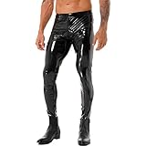 TSSOE Herren Wetlook Leggings Kunstleder Hose Pants Tights Stretch Lederhosen Kompressionshose Clubwear Schwarz G XL