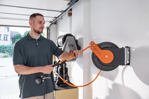 Giraffe Tools Aufgerüsteter Automatischer Druckluftschlauch Aufroller Plus mit 3/8 Druckluft Schlauch, 180° Schwenkbar Schwenkbügel Druckluftschlauchtrommel mit 1/4 Schnellkupplung 300 PSI