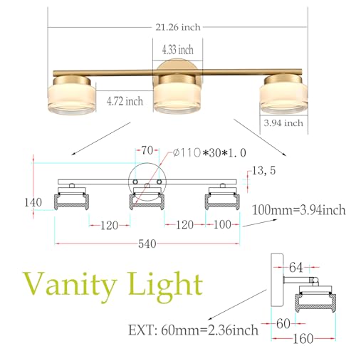 Image of Modern Gold 3-Light LED Bathroom Vanity Light with Acrylic Shade | 3000K Warm White Vintage Vanity Lights, Wall Sconces for Bathroom Bedroom Entryway Living Room
