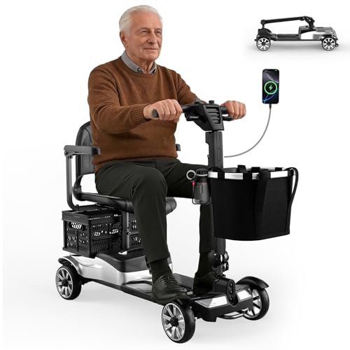 Image of 4 Wheels Mobility Scooters for Seniors, Foldable Mobility Electric Scooter, 350LBS Capacity& 15 Miles Range&350W Powerful Moto&Rotating Seat&LED Light& Double Baskets&Auto Brake-Silver