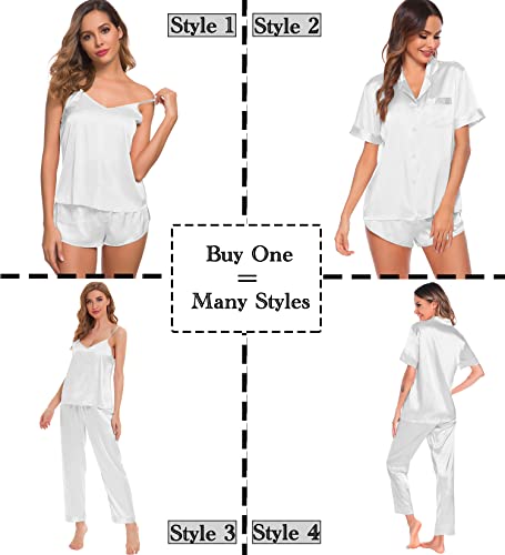 Image of SWOMOG Womens Silk Satin Pajamas Sets 4pcs Sleepwear Sexy Cami Shorts Set and Button Down Short Sleeve Pjs Loungewear