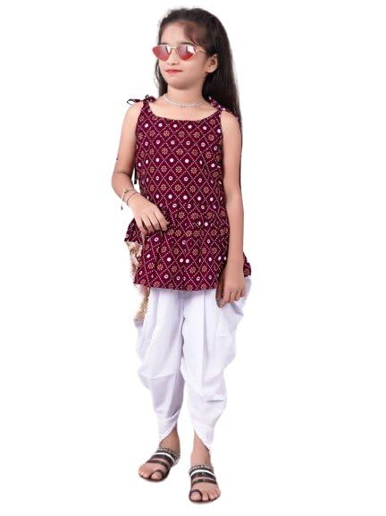 Image of Girls Ethnic Printed Peplum Top and White Dhoti Pant Set | Stylish Sleeveless Kurti with Comfortable Bottom | Traditional Festive Outfit for Kids