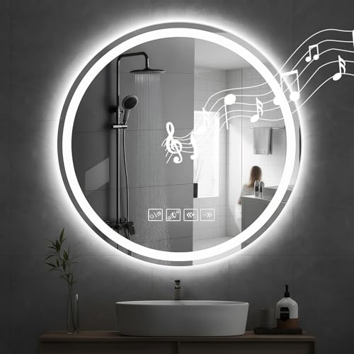 60×60cm Bluetooth Round Bathroom Mirror with Led Lights and Four Touch Switch, Illuminated Wall Mounted Vanity, Anti-fog, 3 Colors Dimmable Light, Demister Mirror with Backlit Lights for Bathroom