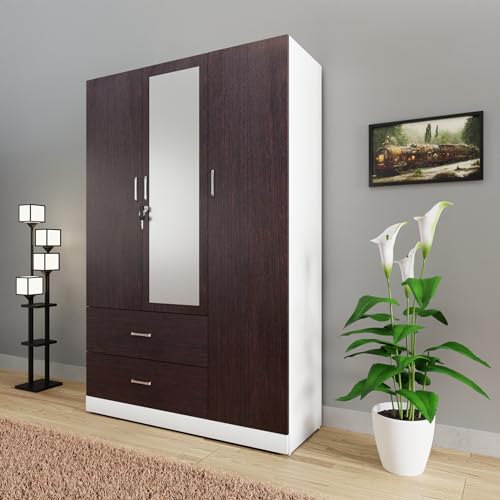 Image of VIKI Wardrobe | Wooden Almirah for Clothes,Door for Bedroom, 3 Door Wardrobe with Drawer, Mirror & Hanging Space (White & Wenge - 40D x 120W x 180H) | 1 Year Warranty | Free Assembly