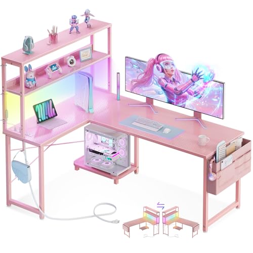 ODK 53 Inch L Shaped Desk with LED Lighting Reversible Gaming Desk with Power Outlets Cornor Computer Table with Storage Shelves & Bag & Iron Hook Home Office Table for Writing Study Pink