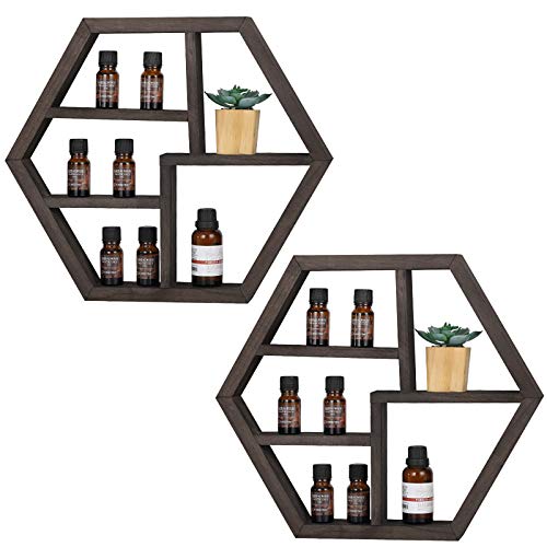 Vrisa Essential Oil Storage,Wall Mounted Essential Oil Rack Holder,Floating Honeycomb Wooden Display Shelves for Essential Oils,Solid Wood Storage Shelf, Nail Polish Organizer,2 Packs
