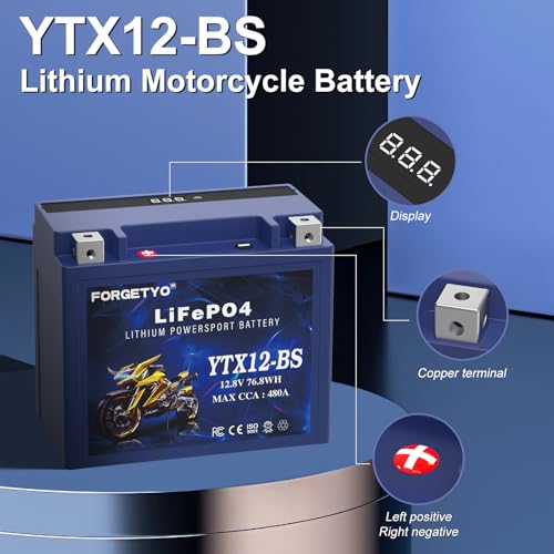 Image of Lithium YTX12-BS, Forgetyo 12V 6AH 480A LiFePO4 Motorcycle Battery, ATV, UTV, Jet Ski, 4 Wheeler,Snowmobile,Tractor and Generator Battery