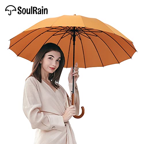 Soulrain 16 Ribs 48" Stick Umbrella Auto Open Solid Color Fashionable And Simple，Arc Classic Wood Handle，Windproof Unbreakable Stick Rain Umbrella (Orange) #TOP2