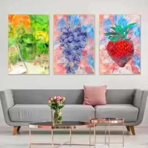 Affiche murale toile pour cuisine et bureau aquarelle fruits avec cadre 60 x 80 cm