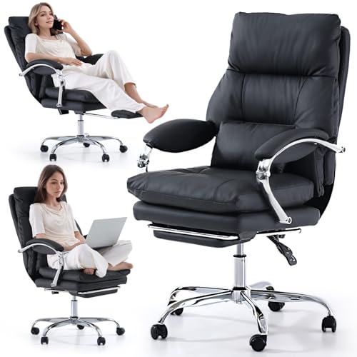 Image of LEAGOO Office Chair with Foot Rest, Swivel Computer Desk Chair PU Leather Reclining Chair, Ergonomic Lumbar Support Designed for Longer Sitting Sessions for Home /Office Workers - Black