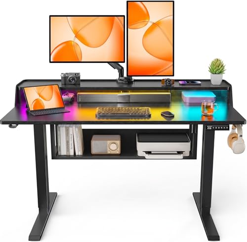 ErGear Electric Standing Desk, 48x24 Inch Adjustable Sit Stand Desk with Bookshelf & Monitor Stand, Standing Gaming Desk with LED Light Strip, Stand Up Desk for Home Office, Black