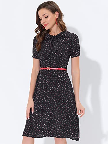 Image of Allegra K Women's Peter Pan Collar Tie Neck Short Sleeves A-Line Elegant Belted Vintage Floral Dress