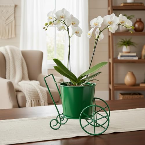 Image of CINAGRO Metal Wagon Planter, Green Pram Rickshaw-Shaped Metal Plant Stand for Indoor & Outdoor Use, 2 Wheel Pot Stand, Flower Vase, Decorative Iron Pot Holder for Flowers & Ornaments, 27 x 13 x 21 cm