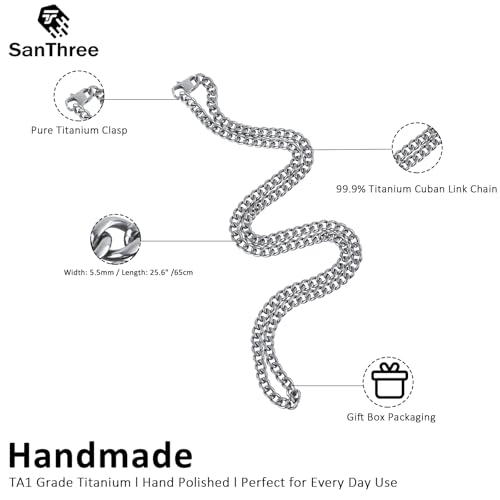 SanThree 5.5mm Pure Titanium Cuban Link Chain Necklace, Smooth Skin-Friendly Solid Titanium Curb Chain Necklaces Gift for Men Women, 25.59 Inches4