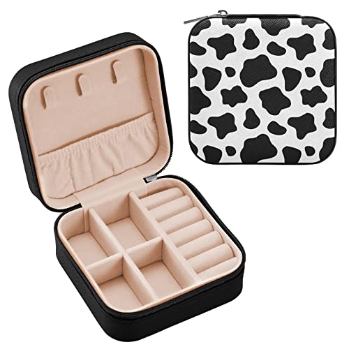 PJGINUIUA Cow Print Square Travel Jewelry Box PU Leather Small Jewelry Organizer for Women Girls Portable Travel Jewelry Case (Black)