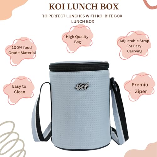 Image of KOI Insulated Lunch Box Set | 3 Inside Steel Containers (290ml, 450ml, 600ml) with BPA Free Lids | Leakproof Microwave Safe Tiffin | Adjustable Shoulder Strap Lunch Bag for Office Travel Use (Grey)