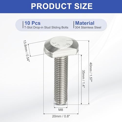Image of PATIKIL M8 x 35 mm T Slot Bolts, 10 Pcs 304 Stainless Steel Drop-in Bolt T Shape Stud Sliding Screw Metric Thread Hammer Head Bolt for T Track, Silver