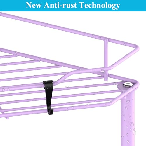 Image of HuggieGems Metal Floor Standing Corner Shower Caddy, Light Purple, 4 Tier | Adhesive Bathroom Organizer Shelves, Free Standing Shower Rack with Hooks, Hold Large Shampoo Bottles