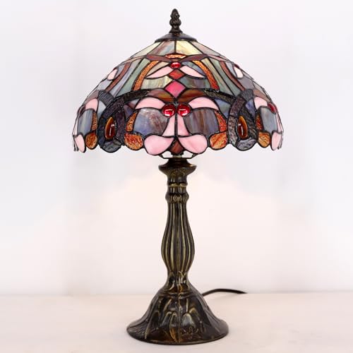 Image of WERFACTORY Tiffany Lamp Blue Pink Stained Glass Table Lamp 18 Inch Tall