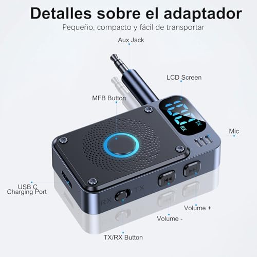 Transmisor Receptor Bluetooth 5.4 para TV a Auriculares, Adaptador Audio Bluetooth HiFi Estéreo con AUX 3,5mm Jack, Baja Latencia Emisor para Televisión/Altavoces/Avion/Coche - imagen 8