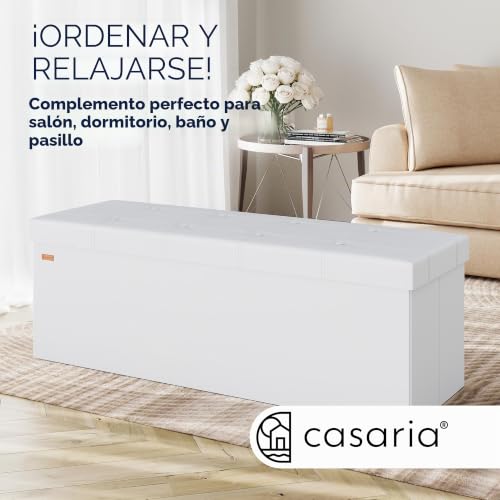 Miniatura 3 de Casaria Banco Almacenaje Plegable Puff Reposapiés Otomana Almacenamiento Salón Dormitorio Capacidad Carga 300kg Resistente Efecto Piel 115x40x40cm Blanco