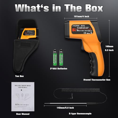 Image of Infrared Thermometer Gun, -58F to 1472F for Cooking | K-Type Probe -58F to 572F, 12:1 Laser Temperature Gun for Pizza Oven, BBQ, HVAC, Auto, Home & Industrial
