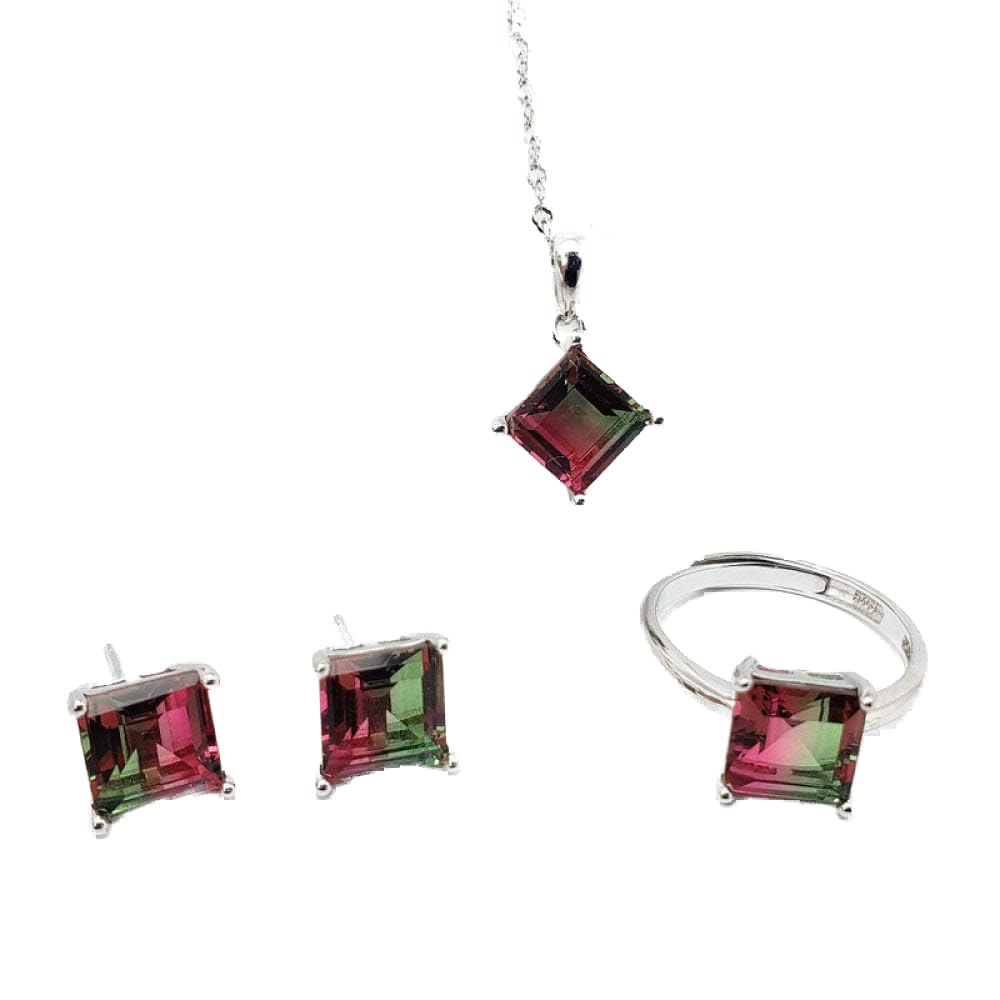 Moda S925 Sterling Silver Necklace Abertura Anillo Pendientes Joyería Conjunto De Mujeres Plaza Crystal Rojo Verde Retro Clásico Encanto Creativo Regalo De Alta Gama