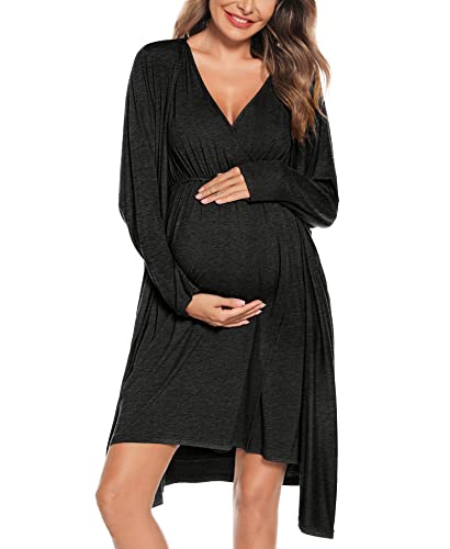 Image of SWOMOG Women Maternity Nursing Gown and Robe Set 3 in 1 Labor Delivery Nursing Nightgown for Breastfeeding Hospital Bathrobe