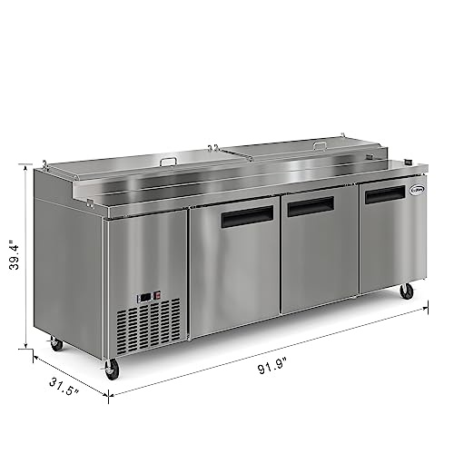 Image of KoolMore 92 in. Commercial Pizza Prep Table with Cutting Board, Food Protection Lid, Refrigerated Cold Storage, Rolling Casters, Three-Door in Stainless Steel, ETL Listed, (KM-RPPS-3DSS)