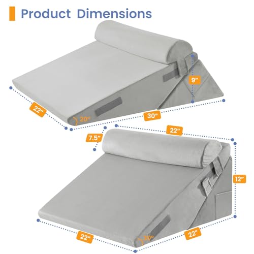 Image of Sasttie Wedge Pillow Set for After Surgery, 2PCS Adjustable Bed Wedge Pillow Headboard with Memory Foam Neck Cushion - for Acid Reflux, Sleeping, Neck & Back Support, Velvet & Light Grey