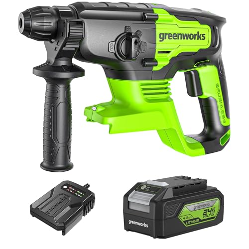 Marteau perforateur sans fil Greenworks 2J 24V avec batterie 4Ah et chargeur, SDS-Plus, couplage de sécurité avec Vario-Lock et arrêt de rotation, 4550 IPM...