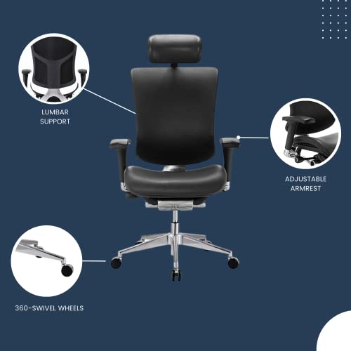Gm Seating Dreem Genuine Leather Ergonomic Office Chair - Lumbar Support, Modern Executive Chair For Home And Office - Comfortable Desk Chair With Headrest, Ratchet Back, 4D Adjustable Armrest - Black #TOP3