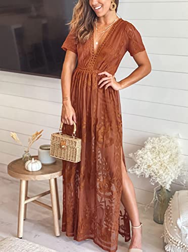 Eleter Women's Deep V-Neck Lace Romper Short Sleeve Long Dress2