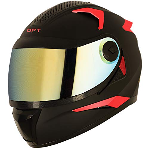 Image of Steelbird 7Wings Robot Opt Fluo Edition ISI Certified Full Face Helmet (Matt Black Watermelon with Chrome Gold Visor, Medium 580 MM)