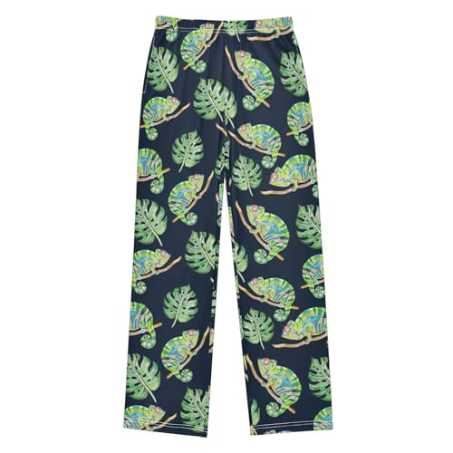 Tropical Chameleon Palm Leaf Boys Long Pants Soft Trousers Elastic Waist Kids Lounge Bottoms with Pockets S-XL