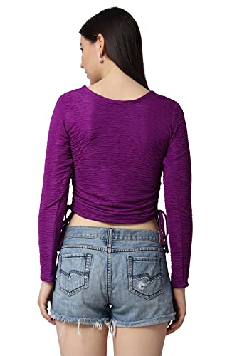 Image of POPWINGS Casual Self Design Regular Fit Polyester Full Sleeves Crop Tops for Women with Crush String