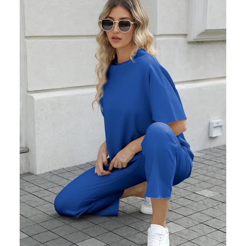 Image of SeeLuNa Women's Two Piece Outfits 3 /4 Batwing Sleeve Capelet Crew Neck Pullover Top Wide Leg Pants Lounge Set(Dark-Blue,M)