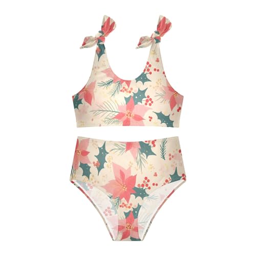 KLL Watercolor Christmas Pattern Poinsettia Spruce Girls' 2 Piece Bikini Set Beach Bathing Suit Swimwear Adjustable Strap3